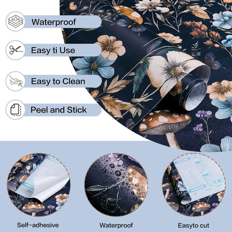 Froluya Mushroom Wallpaper Peel and Stick Dark Blue Floral Contact Paper 16.9" x 196.8 Navy Peel and Stick Wallpaper for Bathroom Vintage Boho Self Adhesive Removable Wall Paper for Kitchen Cabinets - Image 4